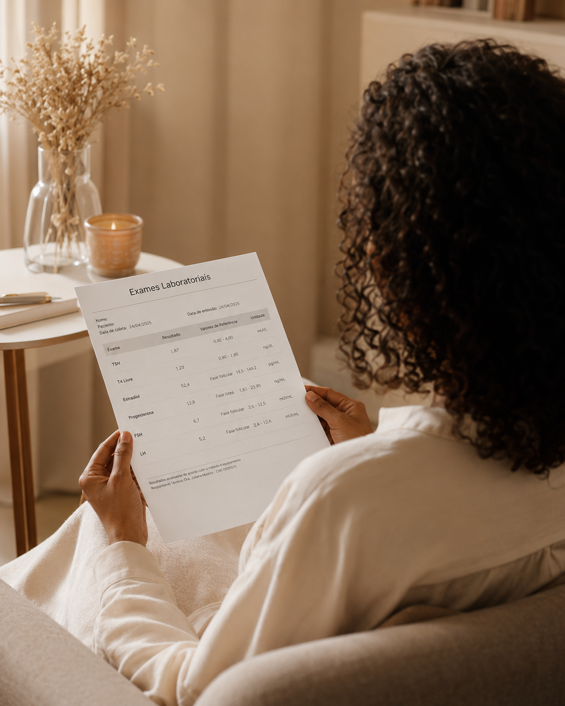 Mulher segurando exames com expressão de preocupação